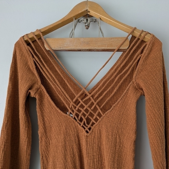 Free People Dress Women's S Brown Tan Midi V-Neck Strappy Back Beach Cotton - Picture 7 of 9